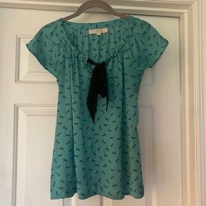 LOFT XSP Teal and Black Short Sleeved Blouse with Bow